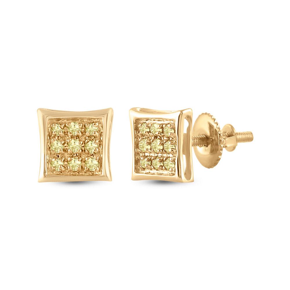 GND Men's Diamond Earrings 10kt Yellow Gold Mens Round Yellow Color Enhanced Diamond Square Earrings 1/20 Cttw