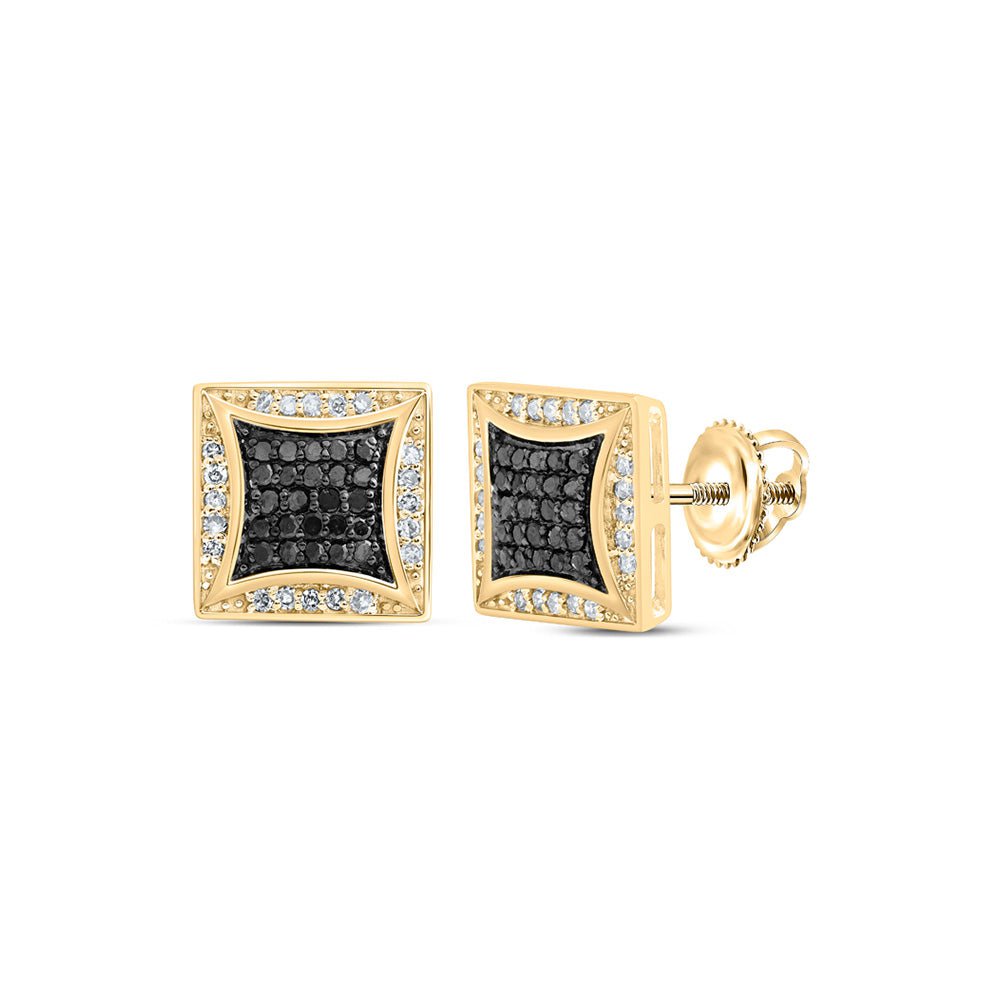 GND Men's Diamond Earrings 10kt Yellow Gold Round Black Color Treated Diamond Square Earrings 1/3 Cttw