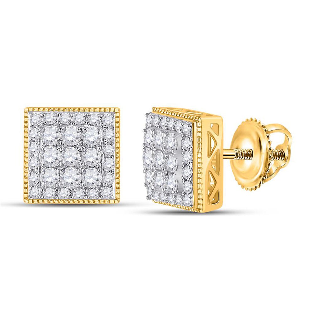 GND Men's Diamond Earrings 14kt Yellow Gold Mens Round Diamond Square Earrings 1 Cttw