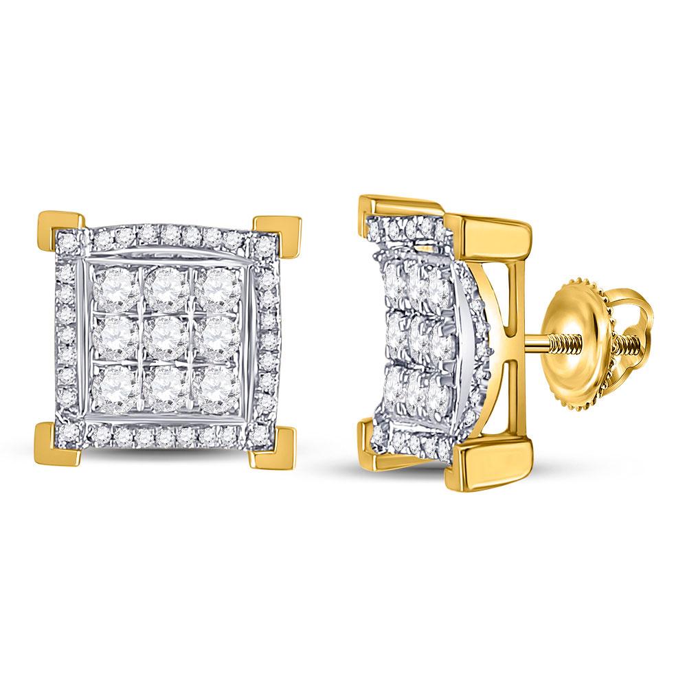GND Men's Diamond Earrings 14kt Yellow Gold Mens Round Diamond Squared Cluster Earrings 1 Cttw