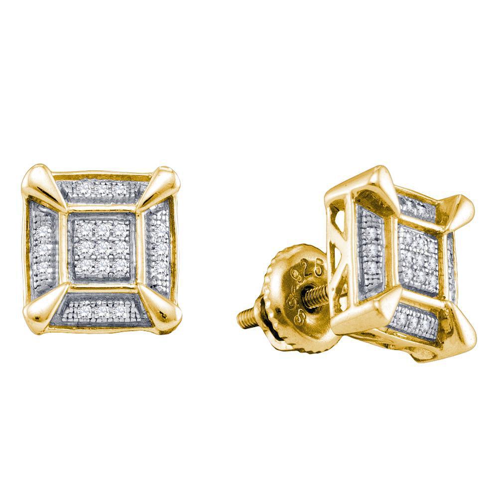 GND Men's Diamond Earrings Yellow-tone Sterling Silver Mens Round Diamond Square Cluster Stud Earrings 1/8 Cttw