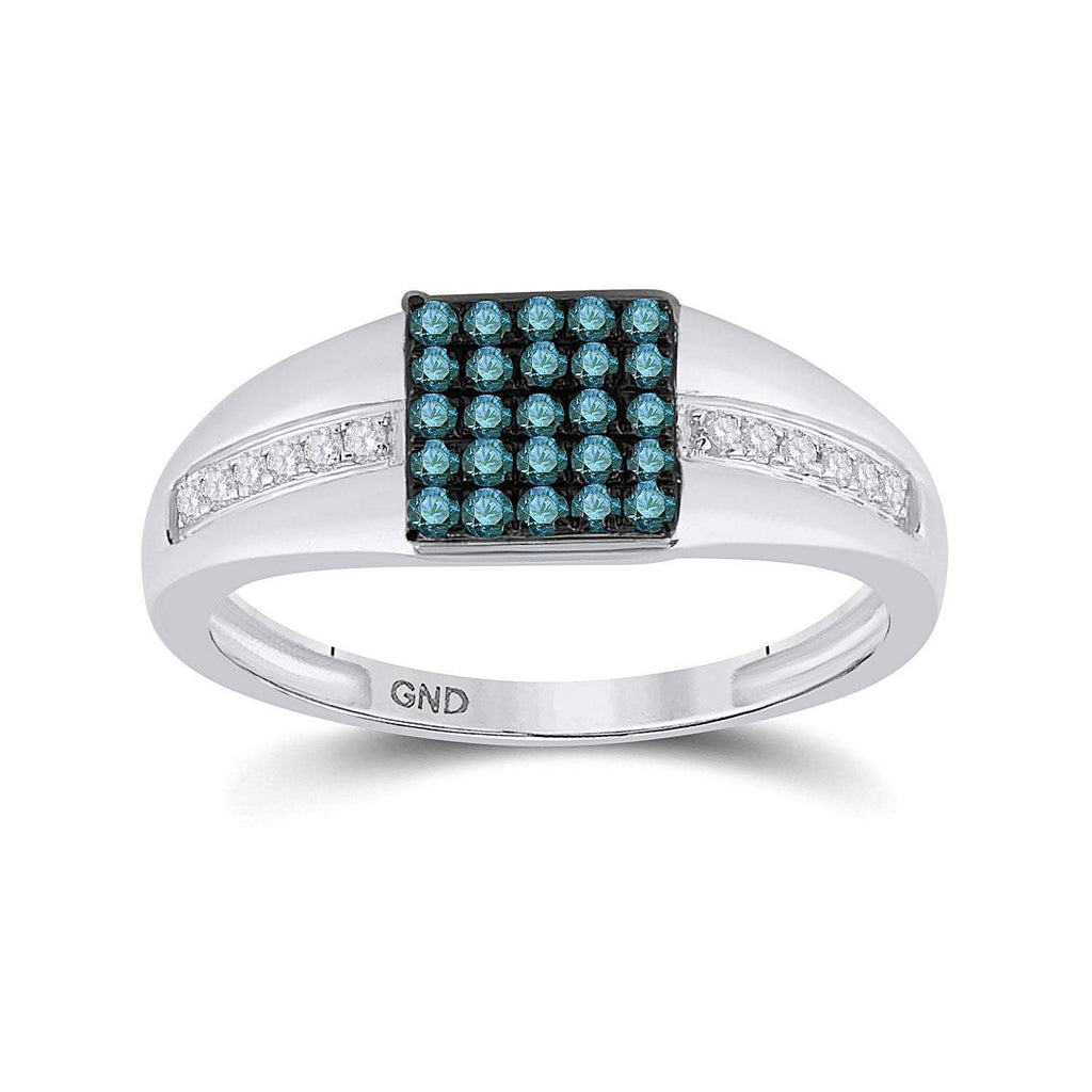 GND Men's Diamond Fashion Ring 10kt White Gold Mens Round Blue Color Enhanced Diamond Square Cluster Ring 1/2 Cttw