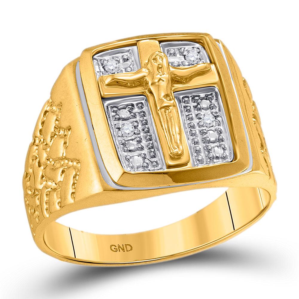 GND Men's Diamond Fashion Ring 10kt Yellow Gold Mens Round Diamond Crucifix Jesus Cross Ring 1/20 Cttw