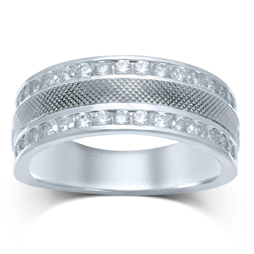 GND Men's Wedding Band 14kt White Gold Mens Round Diamond Double Row Textured Wedding Band Ring 1 Cttw
