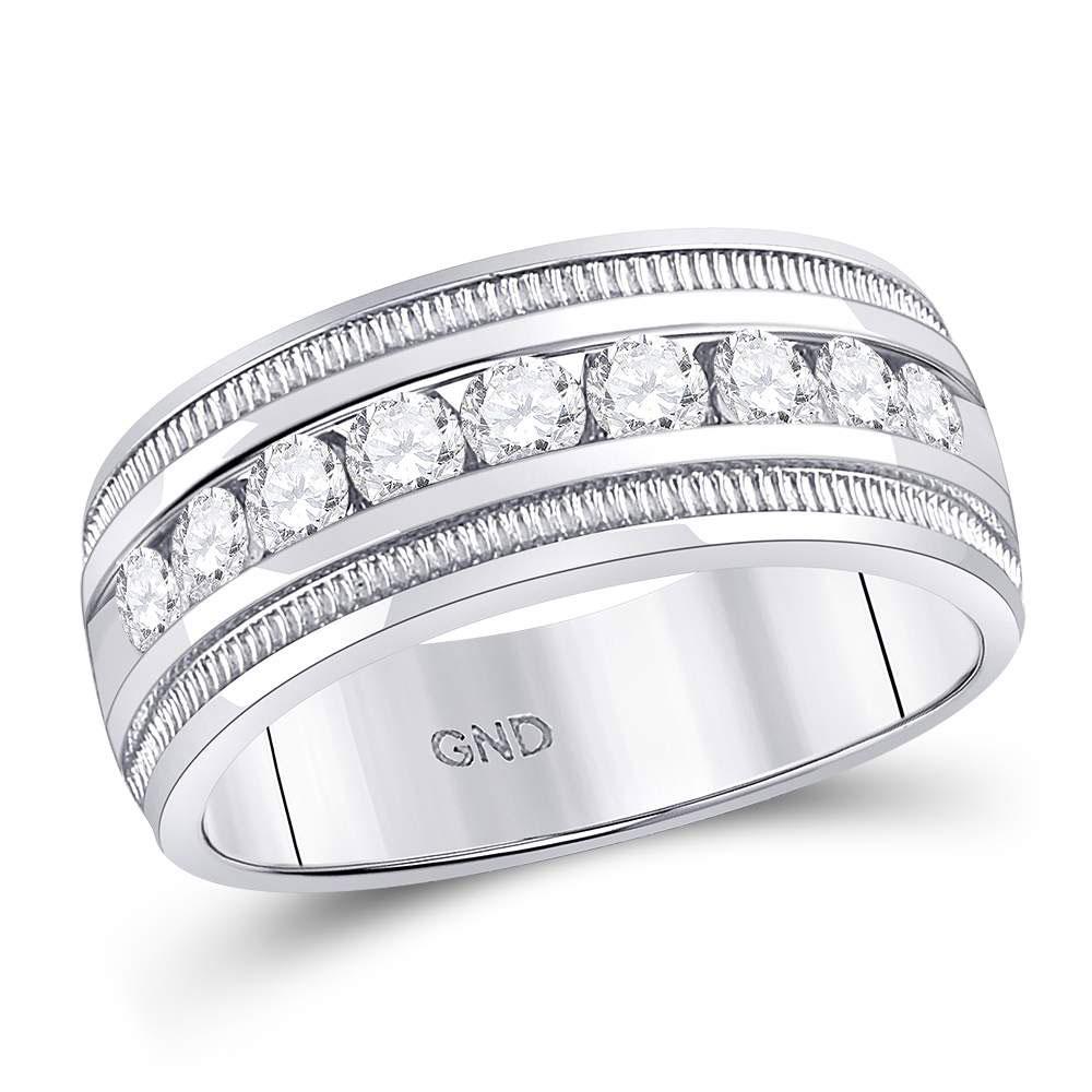 GND Men's Wedding Band 14kt White Gold Mens Round Diamond Single Row Textured Wedding Band Ring 1 Cttw