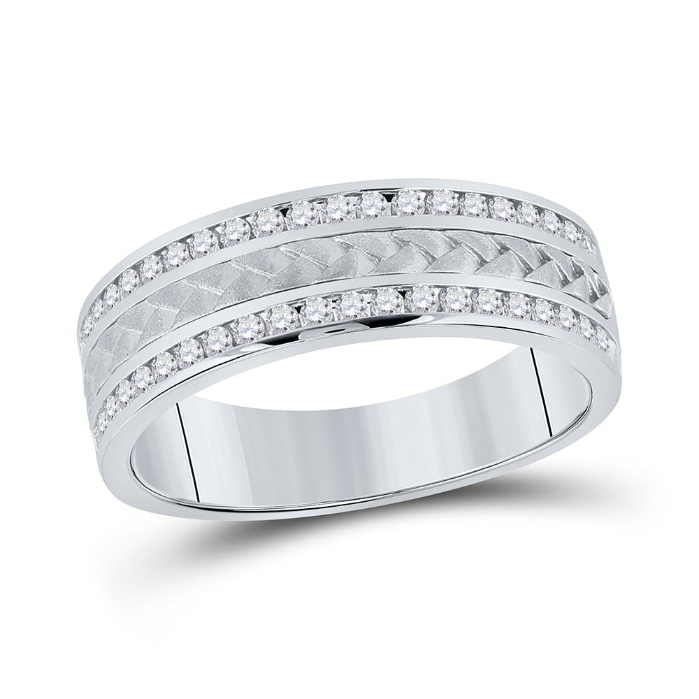 GND Men's Wedding Band 14kt White Gold Mens Round Diamond Wedding Braided Band Ring 1/2 Cttw