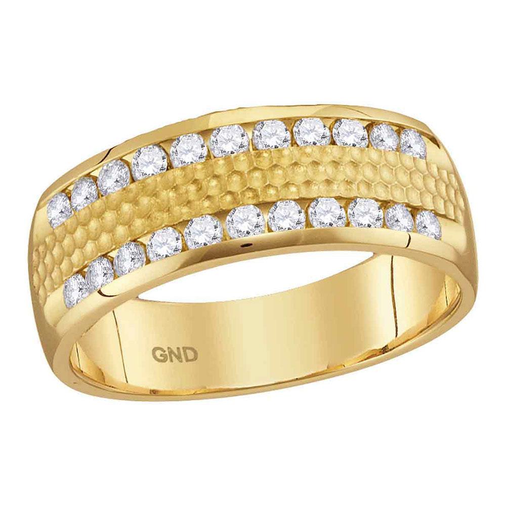 GND Men's Wedding Band 14kt Yellow Gold Mens Round Diamond Double Row Hammered Wedding Band Ring 1/2 Cttw