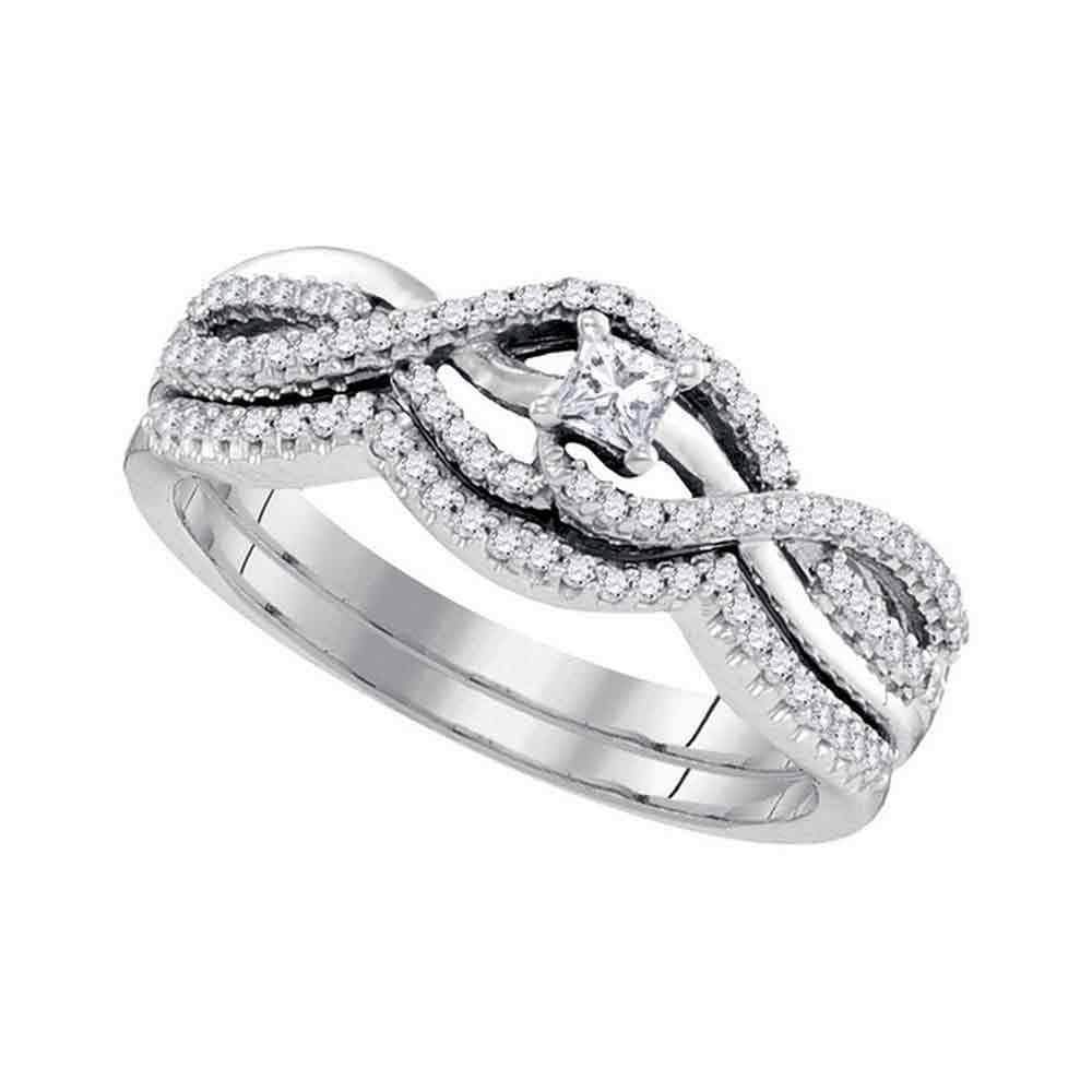 10k White Gold Princess Diamond Bridal Wedding Engagement Ring Band Set 1/3 Cttw
