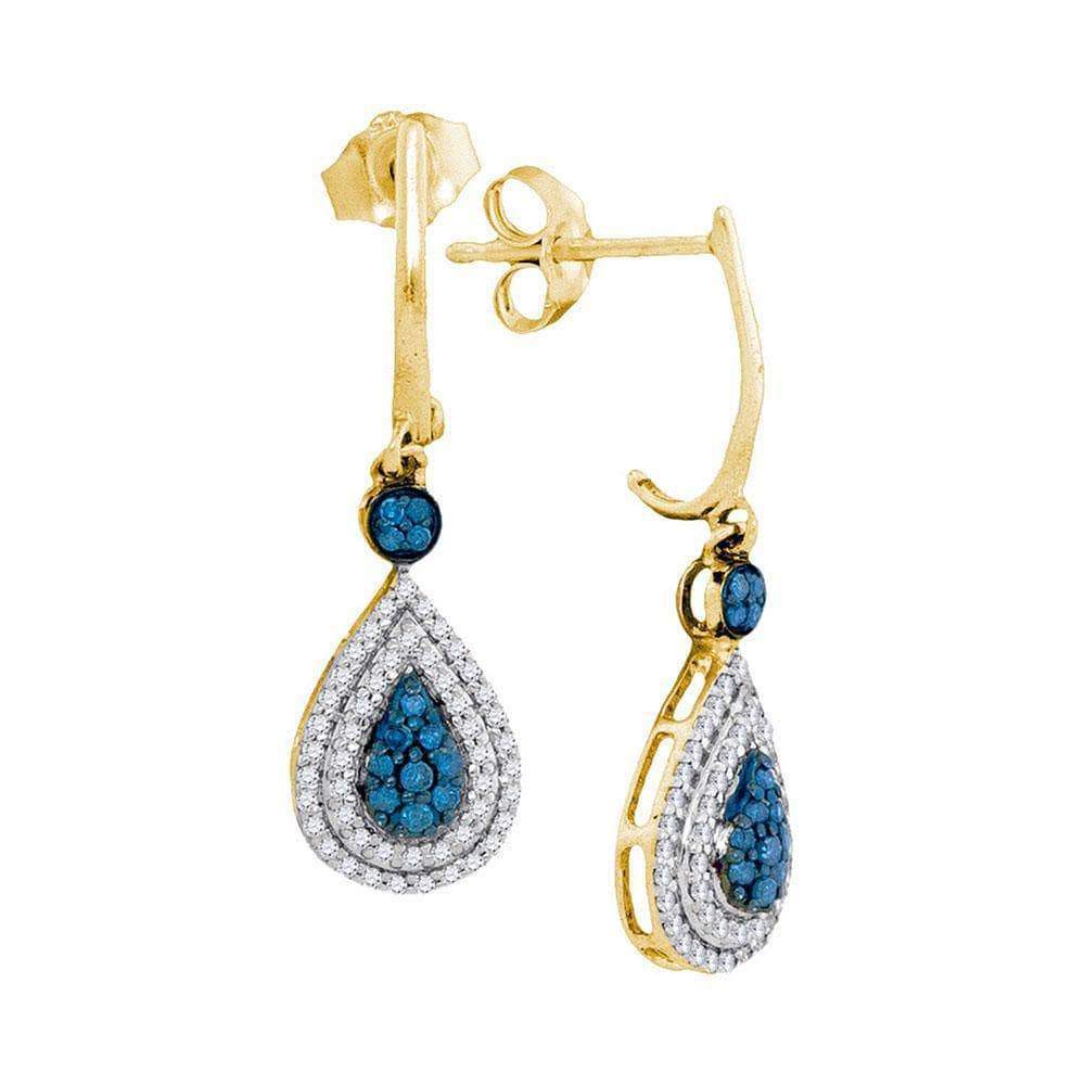 10kt Yellow Gold Womens Round Blue Color Enhanced Diamond Teardrop Dangle Earrings 1/2 Cttw