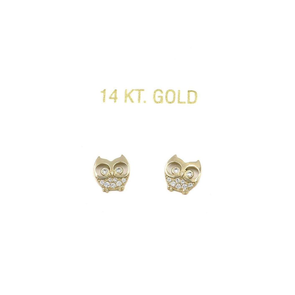 14K Yellow Gold Owl Stud Earrings