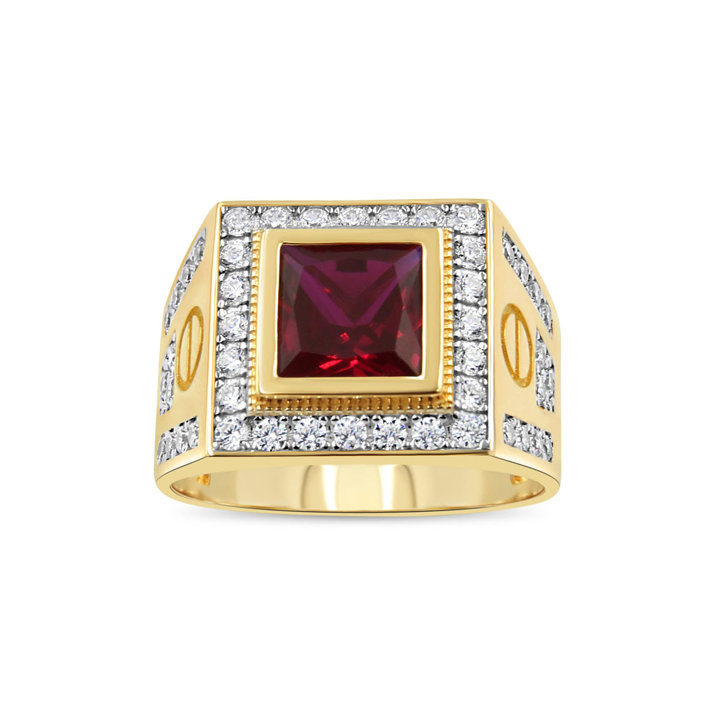 Las Villas Jewelry Men's Big Look Rings Men's Red Stone Pave set ring in 10kt Gold