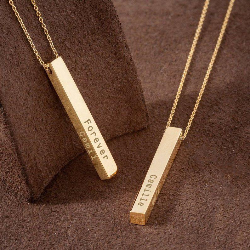 Las Villas Jewelry Online Woman Necklace Personalized Vertical 3d Bar Necklace in 14Kt Gold