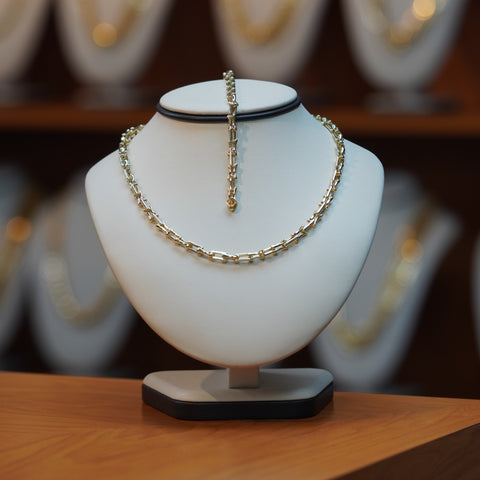 Women's paper clip puff Necklace & Bracelet Set in 10Kt Gold